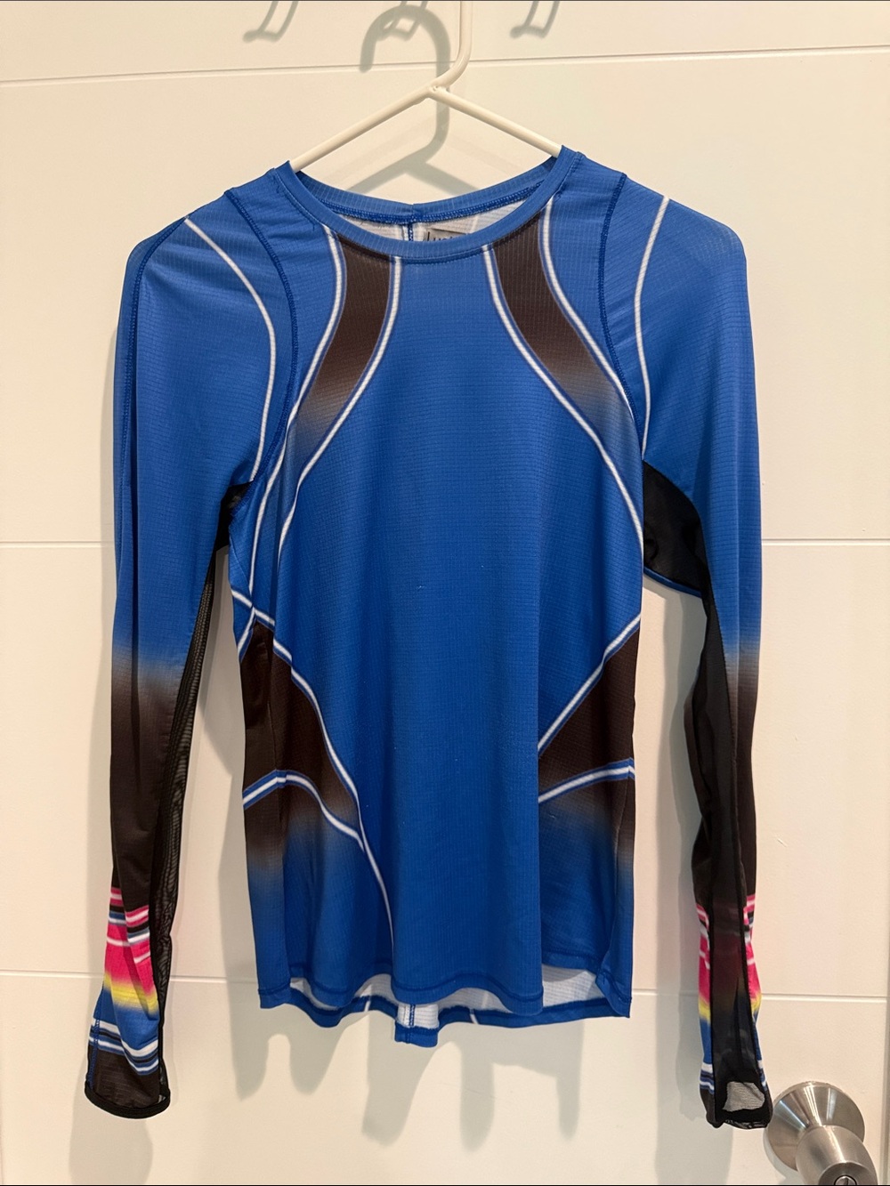 Lucky in Love Blue Long Sleeve Athletic Top with Black and Multicolor Cuffs